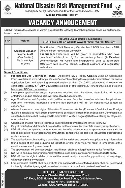 Jobs in National Disaster Risk Management Fund Islamabad